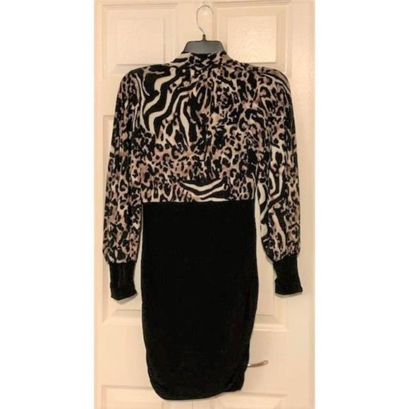 Vintage Julian Chang Multi Animal Print V Neck Long Sleeve Tunic Dress - Picture 4 of 6
